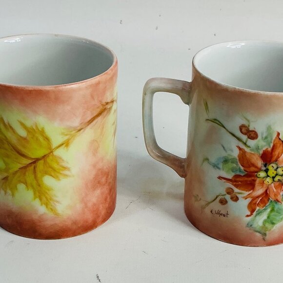 Set Of 2 Handpainted Watercolor Autumn Leaf & Poinsettia Coffee Mugs. Signed - Picture 2 of 7